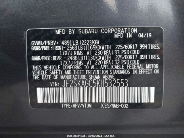 JF2SKAGC5KH532553 Subaru Forester Premium