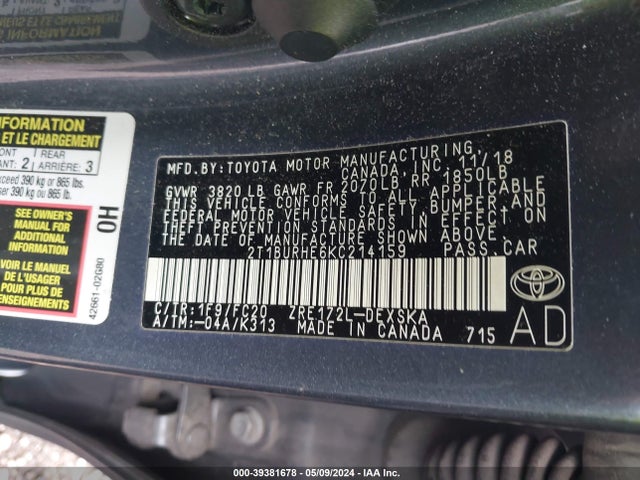 Toyota COROLLA SE 2019 2T1BURHE6KC214159 Image 9