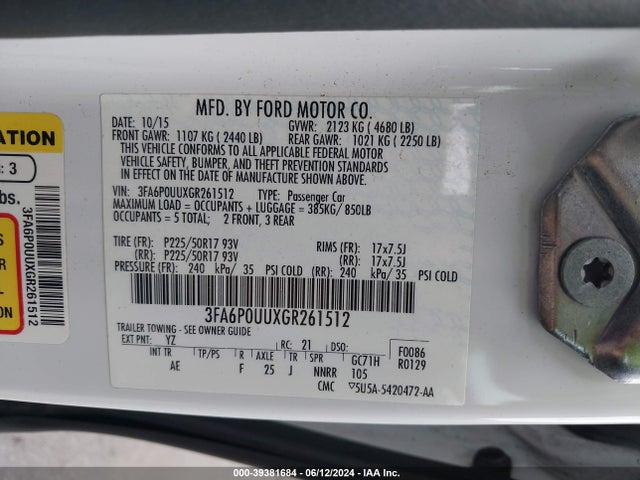 Ford Fusion Hybrid S 2016 3FA6P0UUXGR261512 Image 9