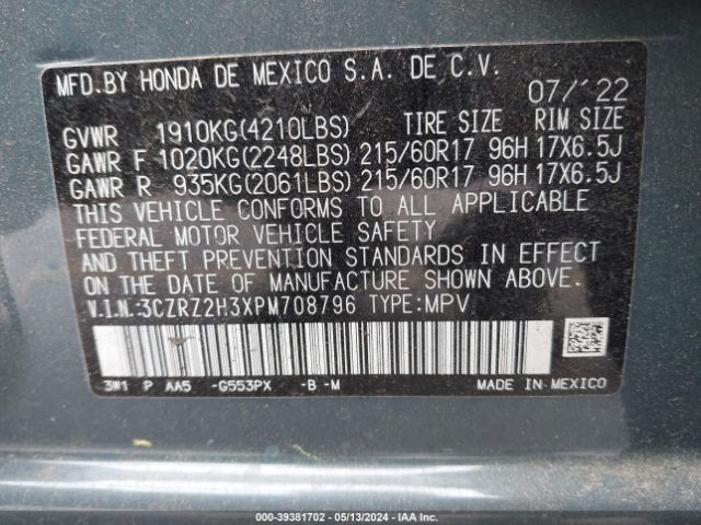 3CZRZ2H3XPM708796 Honda Hr-v Awd Lx