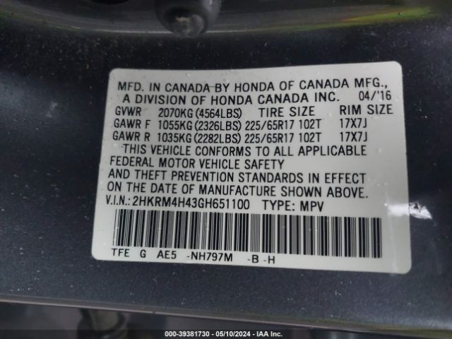 2HKRM4H43GH651100 Honda CR-V SE