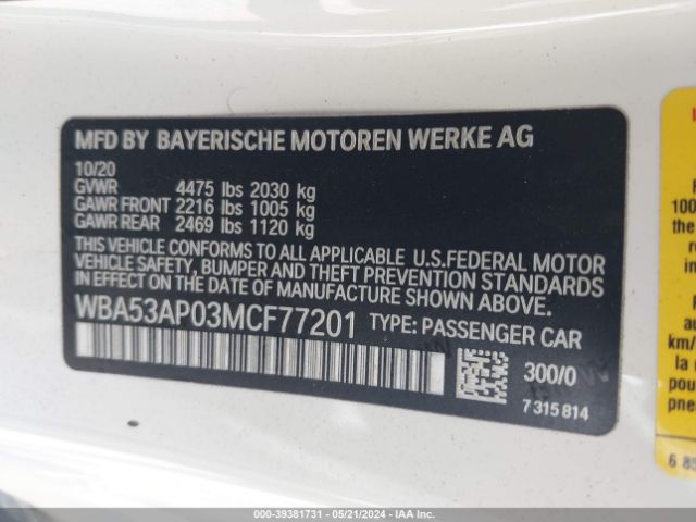 WBA53AP03MCF77201 BMW 430I