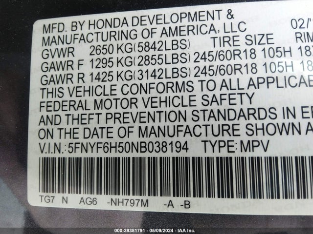 Honda Pilot Awd Ex-l 2022 5FNYF6H50NB038194 Image 9
