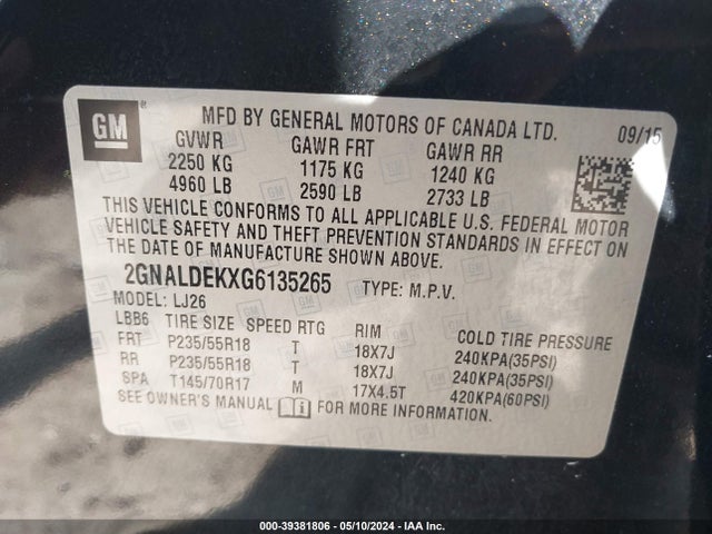 Chevrolet Equinox Ltz 2016 2GNALDEKXG6135265 Image 9