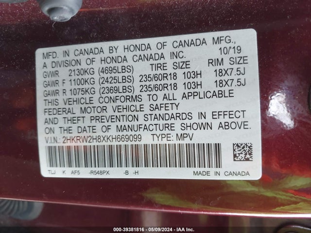 Honda Cr-v Ex-l 2019 2HKRW2H8XKH669099 Image 9