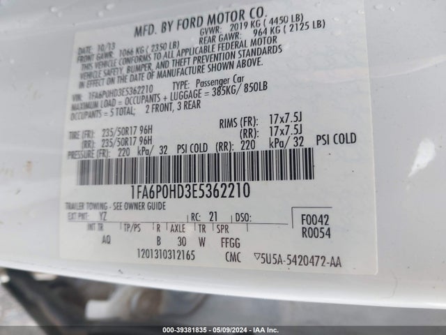 Ford FUSION SE 2014 1FA6P0HD3E5362210 Image 9