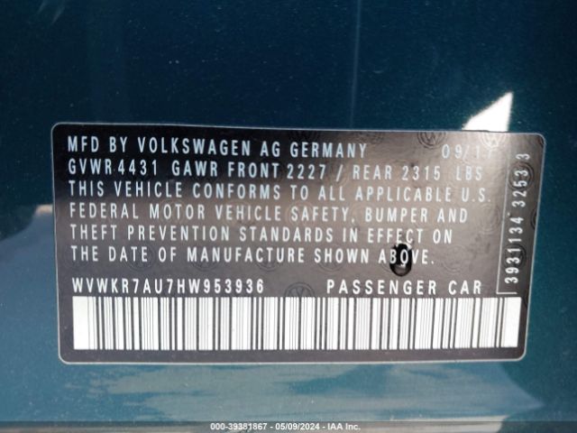 WVWKR7AU7HW953936 Volkswagen E-golf Se