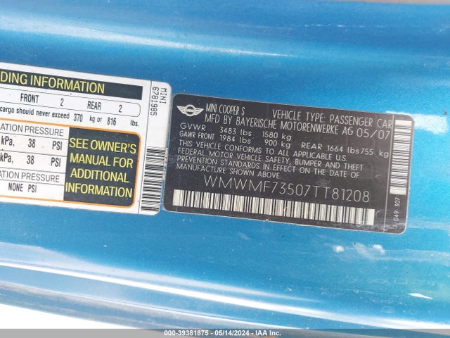 2007 MINI COOPER S WMWMF73507TT81208 Photo 8