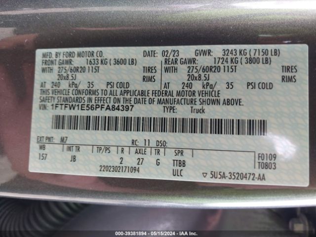 1FTFW1E56PFA84397 Ford F-150 Xl
