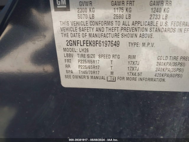 Chevrolet EQUINOX 1LT 2015 2GNFLFEK8F6197649 Image 9