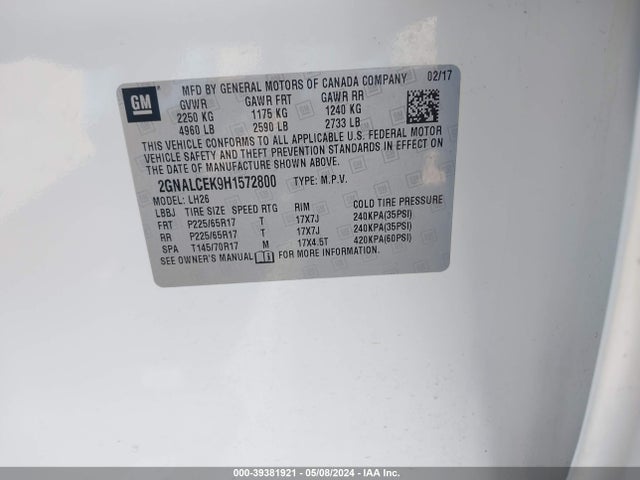 Chevrolet EQUINOX LT 2017 2GNALCEK9H1572800 Image 9