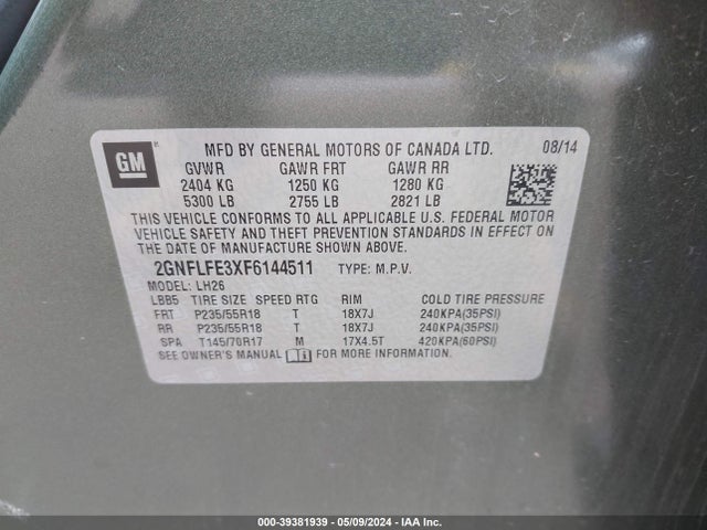 Chevrolet EQUINOX 1LT 2015 2GNFLFE3XF6144511 Image 9