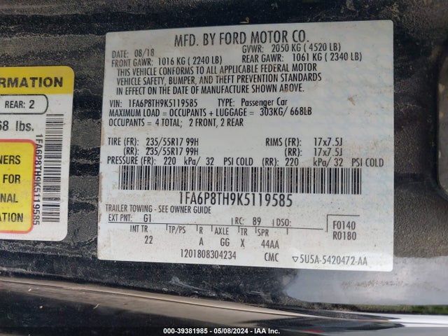 Ford Mustang Ecoboost 2019 1FA6P8TH9K5119585 Image 9