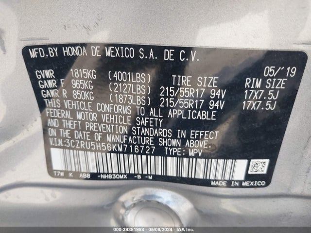 Honda HR-V EX 2019 3CZRU5H56KM716727 Image 9
