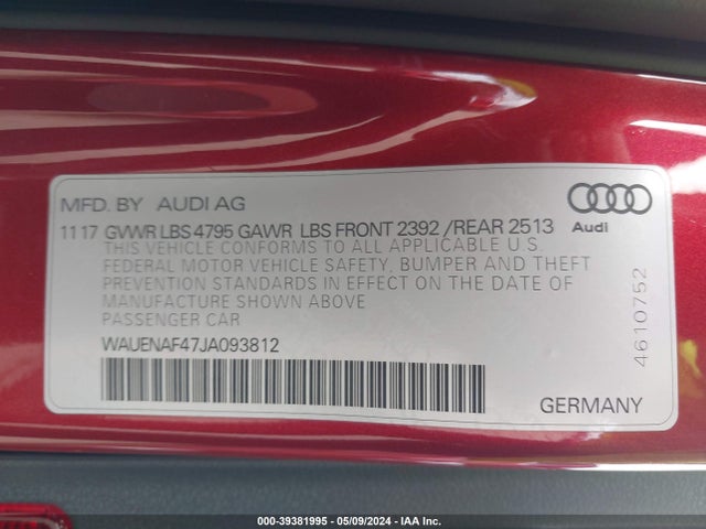 WAUENAF47JA093812 Audi A4 2.0t Premium/2.0t Tech Premium