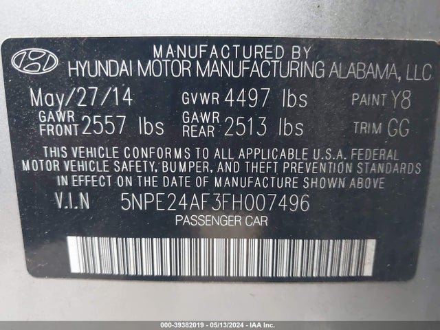 Hyundai SONATA SE 2015 5NPE24AF3FH007496 Image 9