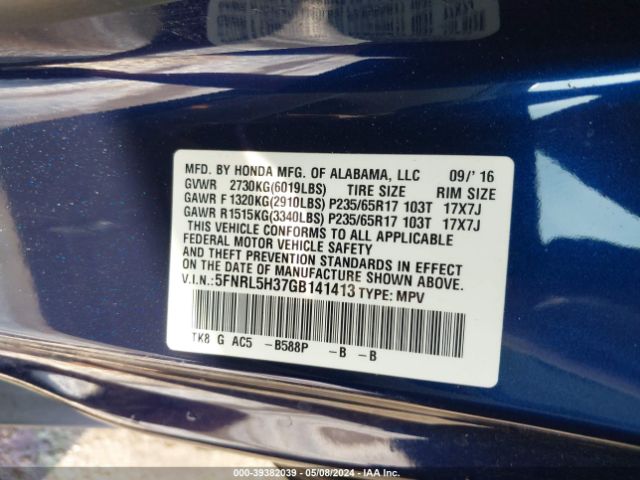 5FNRL5H37GB141413 Honda ODYSSEY SE