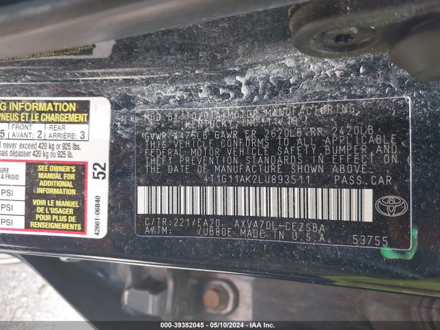 Toyota CAMRY SE 2020 4T1G11AK2LU893511 Image 9