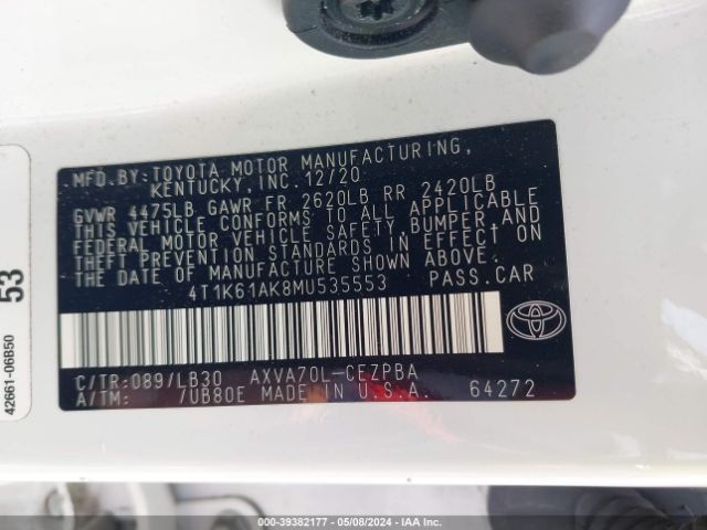 4T1K61AK8MU535553 Toyota CAMRY XSE