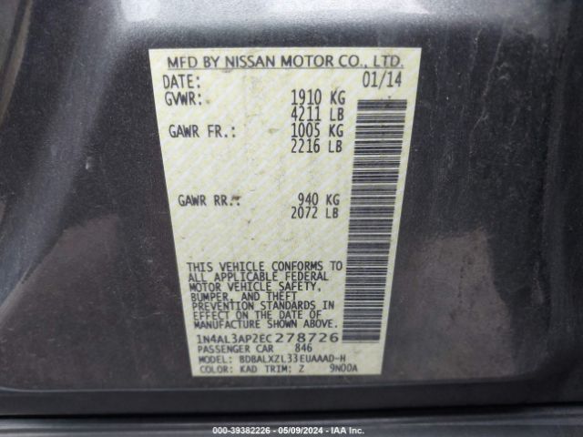 1N4AL3AP2EC278726 Nissan Altima 2.5 Sl