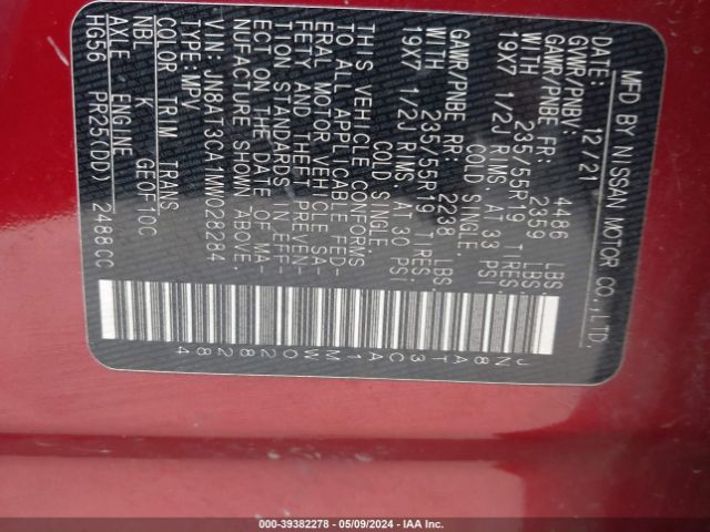 JN8AT3CA1MW028284 Nissan Rogue Sl Fwd