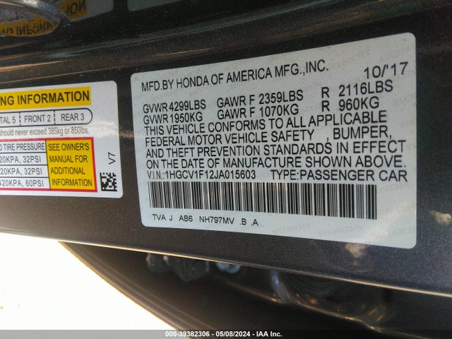 Honda ACCORD LX 2018 1HGCV1F12JA015603 Image 9