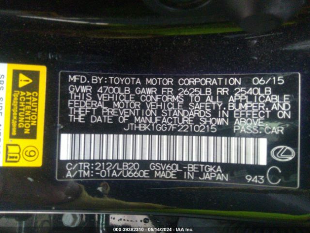 JTHBK1GG7F2210215 Lexus Es 350 Crafted Line