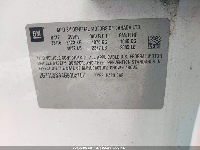 Chevrolet IMPALA 1LT 2016 2G1105SA4G9105107 Image 9