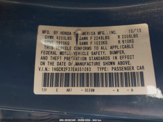 Honda ACCORD LX 2014 1HGCR2F37EA051093 Image 9