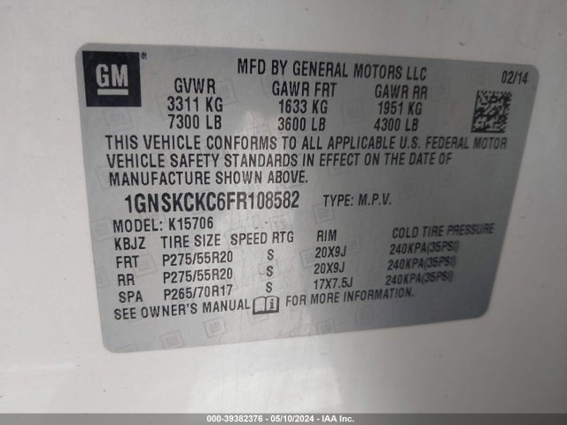 Chevrolet Tahoe Ltz 2015 1GNSKCKC6FR108582 Image 9