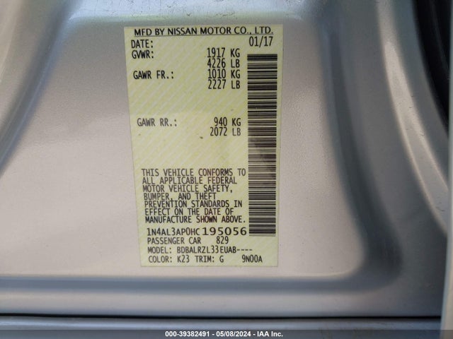 Nissan Altima 2.5 Sl 2017 1N4AL3AP0HC195056 Image 9
