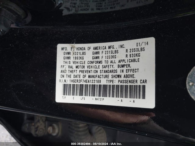Honda ACCORD EX 2014 1HGCR2F74EA122169 Image 9