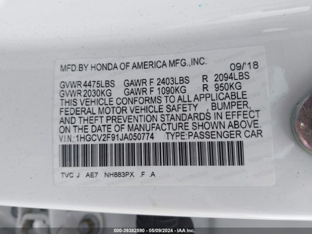 1HGCV2F91JA050774 Honda Accord Touring 2.0t