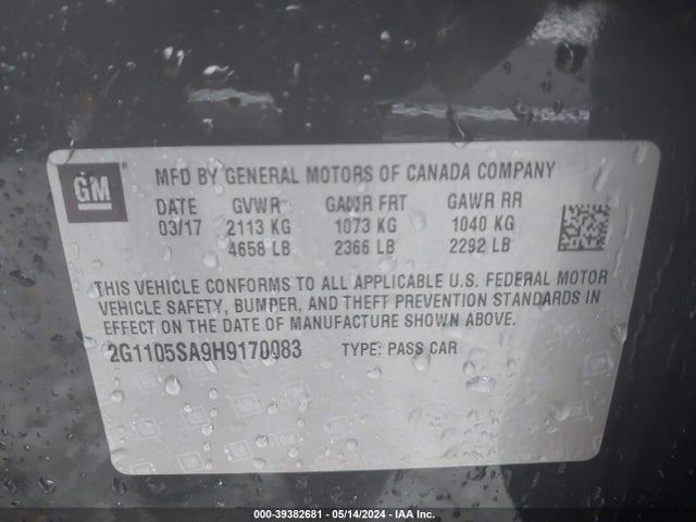Chevrolet IMPALA 1LT 2017 2G1105SA9H9170083 Image 9
