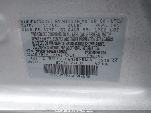 Nissan Versa 1.6 Sv 2016 3N1CN7AP5GL846692 Image 9