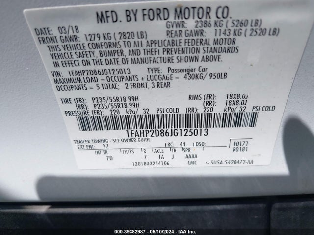 Ford TAURUS SE 2018 1FAHP2D86JG125013 Image 9