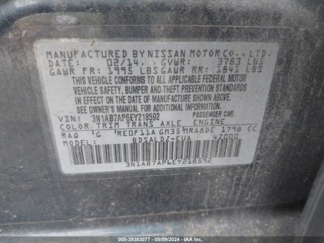3N1AB7AP6EY218592 Nissan Sentra Fe+ S/fe+ Sv/s/sl/sr/sv