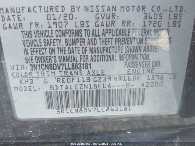 Nissan Versa S Xtronic Cvt 2020 3N1CN8DV7LL863181 Image 9