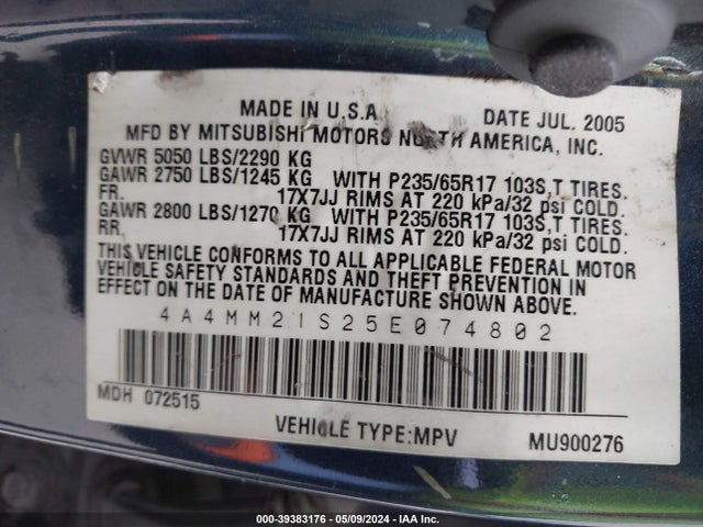 2005 MITSUBISHI ENDEAVOR 4A4MM21S25E074802 Photo 8
