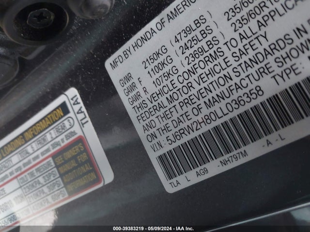 Honda Cr-v Awd Ex-l 2020 5J6RW2H80LL036358 Image 9