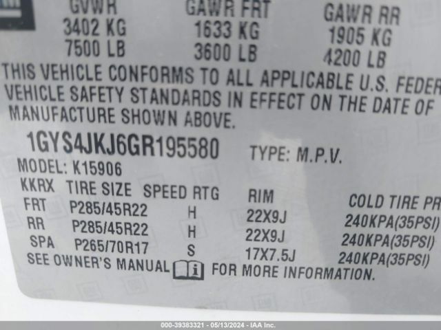 1GYS4JKJ6GR195580 Cadillac Escalade Esv Premium Collection