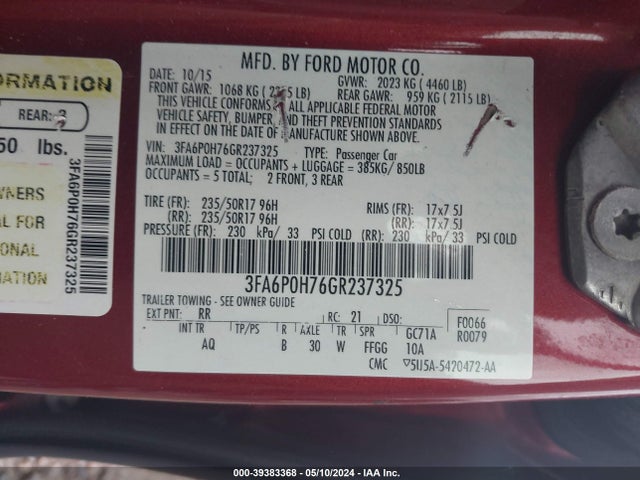 Ford FUSION SE 2016 3FA6P0H76GR237325 Image 9