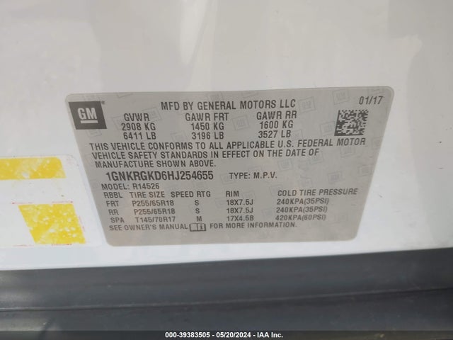 Chevrolet Traverse 1lt 2017 1GNKRGKD6HJ254655 Image 9