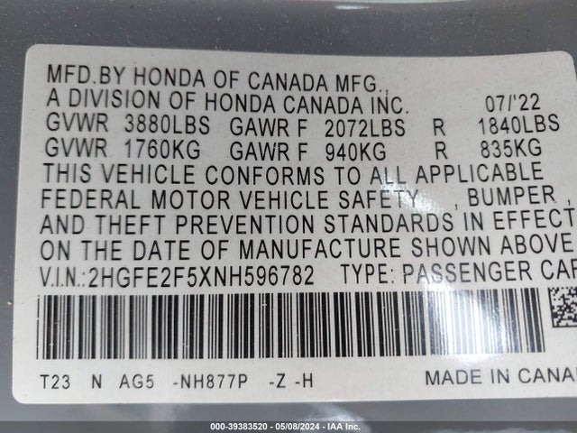 Honda Civic Sport 2022 2HGFE2F5XNH596782 Image 9