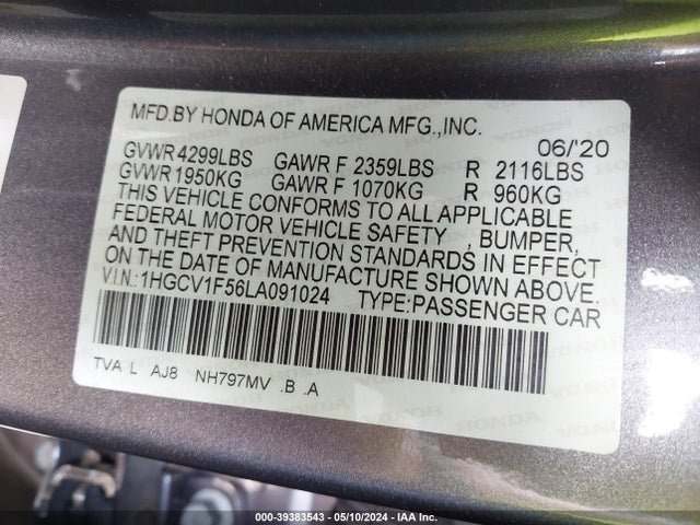 Honda Accord Ex-l 2020 1HGCV1F56LA091024 Image 9