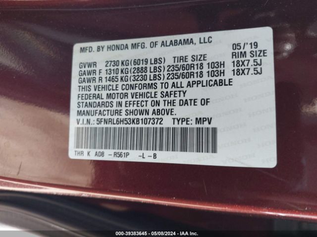 5FNRL6H53KB107372 Honda ODYSSEY EX