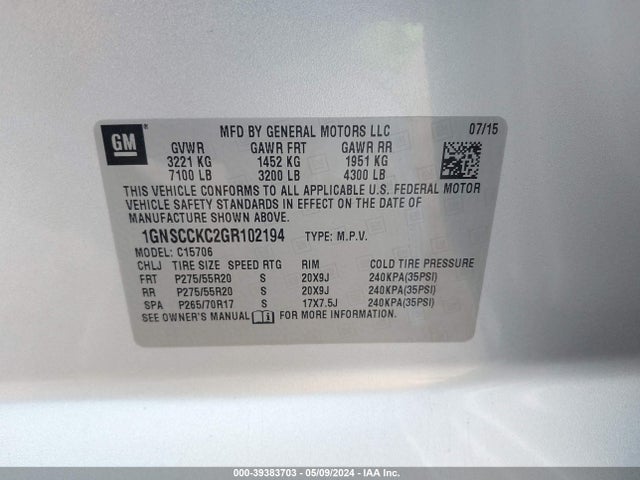 Chevrolet Tahoe Ltz 2016 1GNSCCKC2GR102194 Image 9