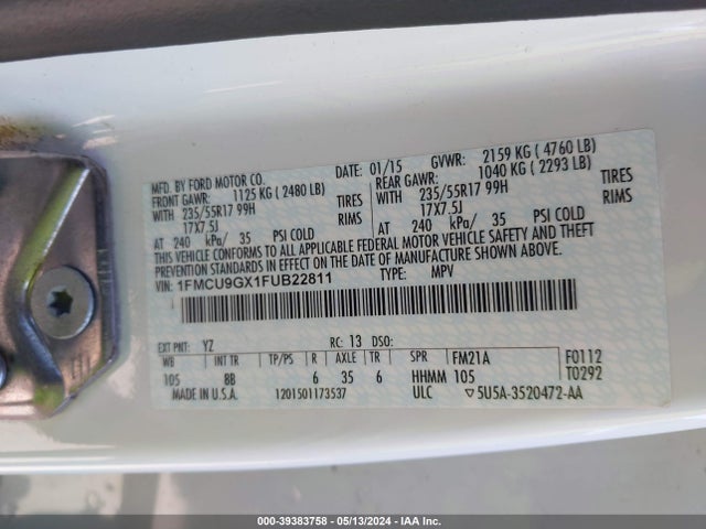 Ford ESCAPE SE 2015 1FMCU9GX1FUB22811 Image 9