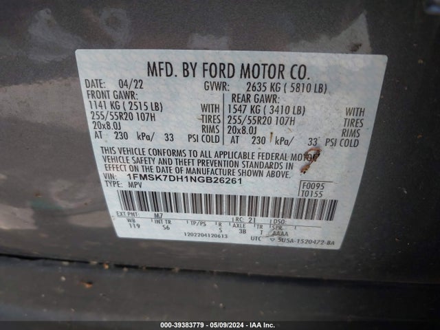 Ford EXPLORER XLT 2022 1FMSK7DH1NGB26261 Image 9