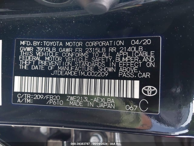 Toyota Corolla Hybrid Le 2021 JTDEAMDE1MJ002209 Image 9